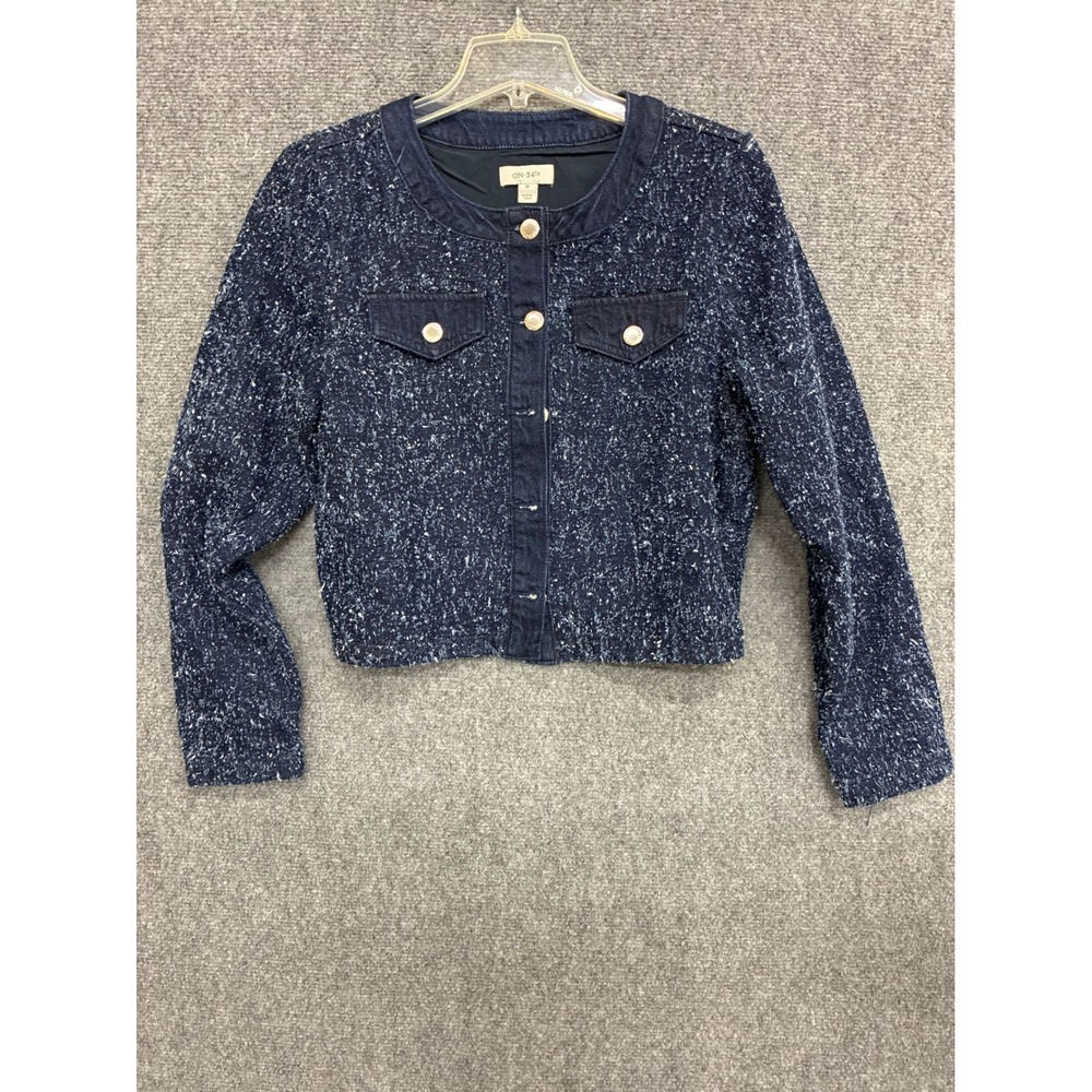 On 34th Womens Navy Blue Textured Tweed Denim Cropped Jacket Gold Buttons Size M